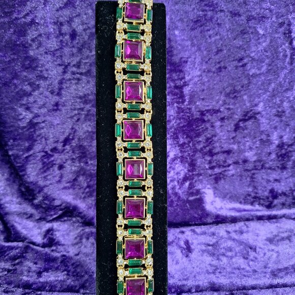 Goldtone Eternity Bracelet – Square-Cut Amethyst & Emerald Crystals - Picture 1 of 1